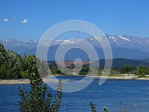 Achibueno river and Andes mountain landscape, Linares, Chile. Nature photography