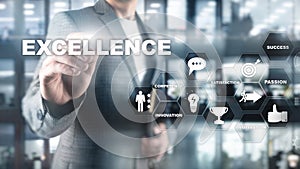 Achieve Business Excellence as concept. Pursuit of excellence. Blurred business center background.