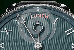 Achieve Lunch, come close to Lunch or make it nearer or reach sooner - a watch symbolizing short time between now and Lunch., 3d