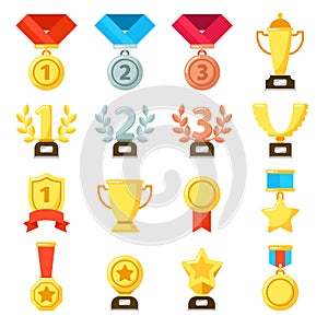 Achievement award, achiever trophy, achievements medal icon. Gold, silver, bronze medals vector icons set