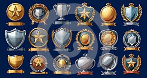 Achievement badges. Winning icons, champ icons, recognition awards, win cups, award best achievable shields symbols