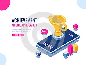 Achievement in education process isometric, mobile phone with golden cup, winner smartphone game, business success