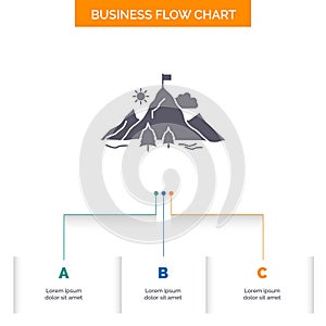 achievement, flag, mission, mountain, success Business Flow Chart Design with 3 Steps. Glyph Icon For Presentation Background