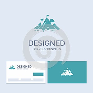 achievement, flag, mission, mountain, success Business Logo Glyph Icon Symbol for your business. Turquoise Business Cards with