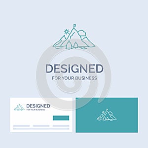 achievement, flag, mission, mountain, success Business Logo Line Icon Symbol for your business. Turquoise Business Cards with