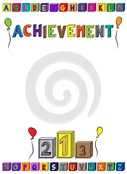 Achievement lettering A4 Page award for kids with alphabet blocks, balloons and medal podium