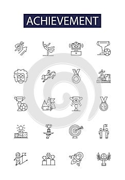 Achievement line vector icons and signs. success, fulfill, vanquish, surmount, master, conquer, triumph, gain outline