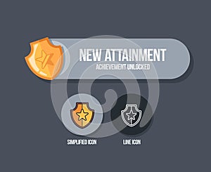 Achievement panel design. Attainment banner concept with golden shield. Reward icon in cartoon style.