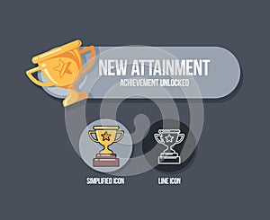 Achievement panel design. Attainment banner concept with winner cup. Reward icon in cartoon style.