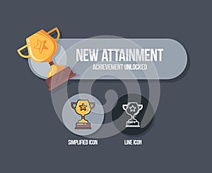 Achievement panel design. Attainment banner concept with winner cup. Reward icon in cartoon style.