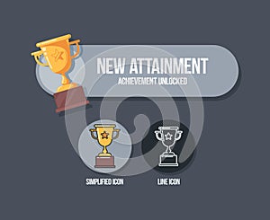 Achievement panel design. Attainment banner concept with winner cup. Reward icon in cartoon style.