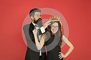 Achievement. Pride and glory. Luxury success symbol. Party night. Promotion and reward. Prom queen. Bearded man sexy