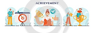 Achievement set. Reached milestone in business or education. Challenge,