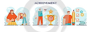 Achievement set. Reached milestone in business or education. Challenge,