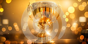Achievement success in education awards concept. Golden trophy cup winner on bokeh background. Congratulation. Golden trophy cup