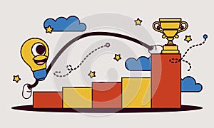 Achievement target career challenge vector flat illustration. Character kpi walking steps to gold cup. Job journey business