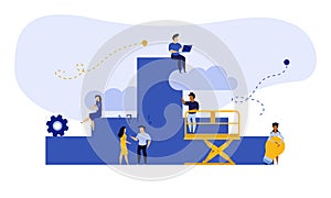 Achievement target career challenge vector flat illustration. People kpi walking steps to direction. Job journey business success