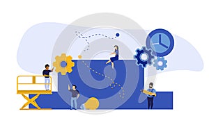 Achievement target career challenge vector flat illustration. People kpi walking steps to direction. Job journey business success