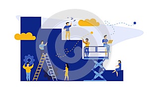 Achievement target career challenge vector flat illustration. People kpi walking steps to direction. Job journey business success