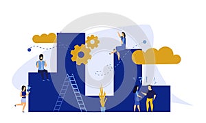 Achievement target career challenge vector flat illustration. People kpi walking steps to direction. Job journey business success