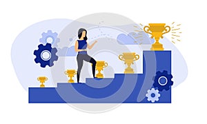 Achievement target career challenge vector flat illustration. Woman kpi walking steps to gold cup. Job journey business success