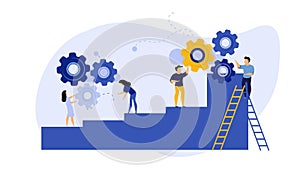 Achievement target career challenge vector flat illustration. Woman kpi walking steps to gold cup. Job journey business success