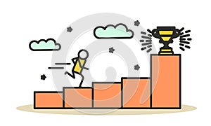 Achievement target career challenge vector flat illustration. Woman kpi walking steps to gold cup. Job journey business success