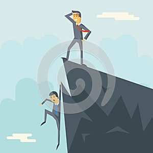 Achievement Top Point Goal Businessman Characters Symbol Mountain clouds Icon on Stylish Background Modern Flat Design