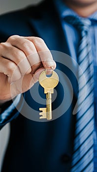 Achievement unlocked person holds key, signifying attainment of success