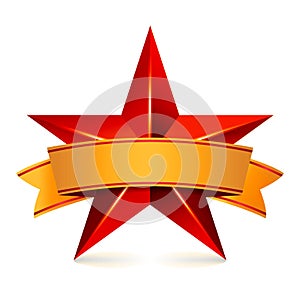 Achievement Vector Star With Yellow Ribbon. Red Sign Place For Text. Golden Decoration Symbol. 3d Shine Icon Isolated O