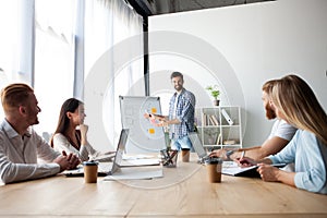 Achieving best results together. Modern young man conducting a business presentation while standing in the board room.