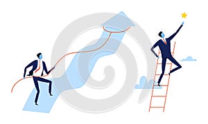 Achieving Goal with Business Man Climbing Arrow and Ladder to Gain Star Vector Set