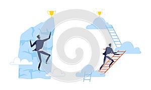 Achieving Goal with Business Man Climbing Mountain and Ladder to Gain Award Vector Set