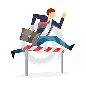 Achieving goal. Businessman jumping over hurdle