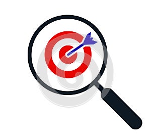 Achieving a goal or plan, success concept, target with magnifying glass icon - vector