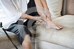 Achilles tendinitis,painful of leg and ankle in joint of the bone,senior woman suffer from plantar fasciitis,tendon connecting