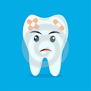 Aching tooth. Unhappy cute tooth character. Caries tooth. Dental personage for children dentistry. Oral hygiene, teeth cleaning.