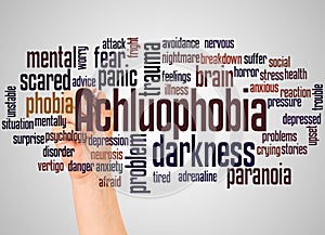 Achluophobia fear of darkness word cloud and hand with marker concept