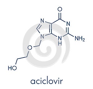 Aciclovir acyclovir antiviral drug molecule. Used in treatment of herpes simplex virus cold sores, herpes zoster shingles.