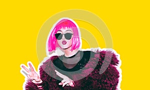 Acid crazy hot beautiful rock Girl in bright pink wig and sunglasses in lama leather swag style red fur winter coat