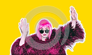 Acid crazy hot beautiful rock Girl in bright pink wig and sunglasses in lama leather swag style red fur winter coat