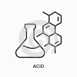 Acid flat line icon. Vector outline illustration of flask and molecular structure. Black thin linear pictogram for