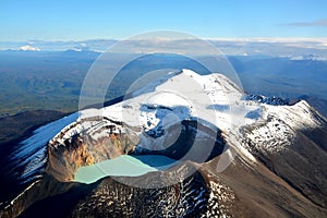 Acid lake in the crater of active volcano on Kamchatka. Helicopter view