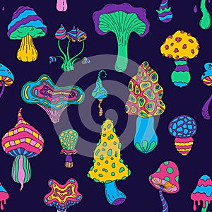 Acid mushrooms pattern. Seamless print of psychedelic trip colorful amanita and toadstool mushrooms. Vector hippie magic