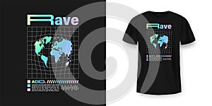 Acid rave t-shirt design. Psychedelic t-shirt mockup with futuristic acid design elements. Poster design for techno music. Music