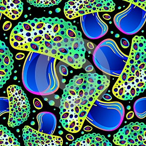 Acid seamless vector pattern of green psilocybin mushrooms. Beautiful wallpaper of hallucinogenic mushrooms in acid colors.