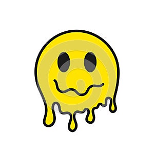 Acid smiley face. Yellow acid sticker with funny melted face. Melted smile emoji in acid style