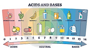 Acids, neutral and bases substances scale with examples outline diagram