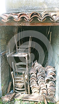 Acient Objects,. Tiles, Wooden Chairs