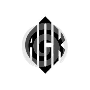 ACK circle letter logo design with circle and ellipse shape. ACK ellipse letters with typographic style. The three initials form a